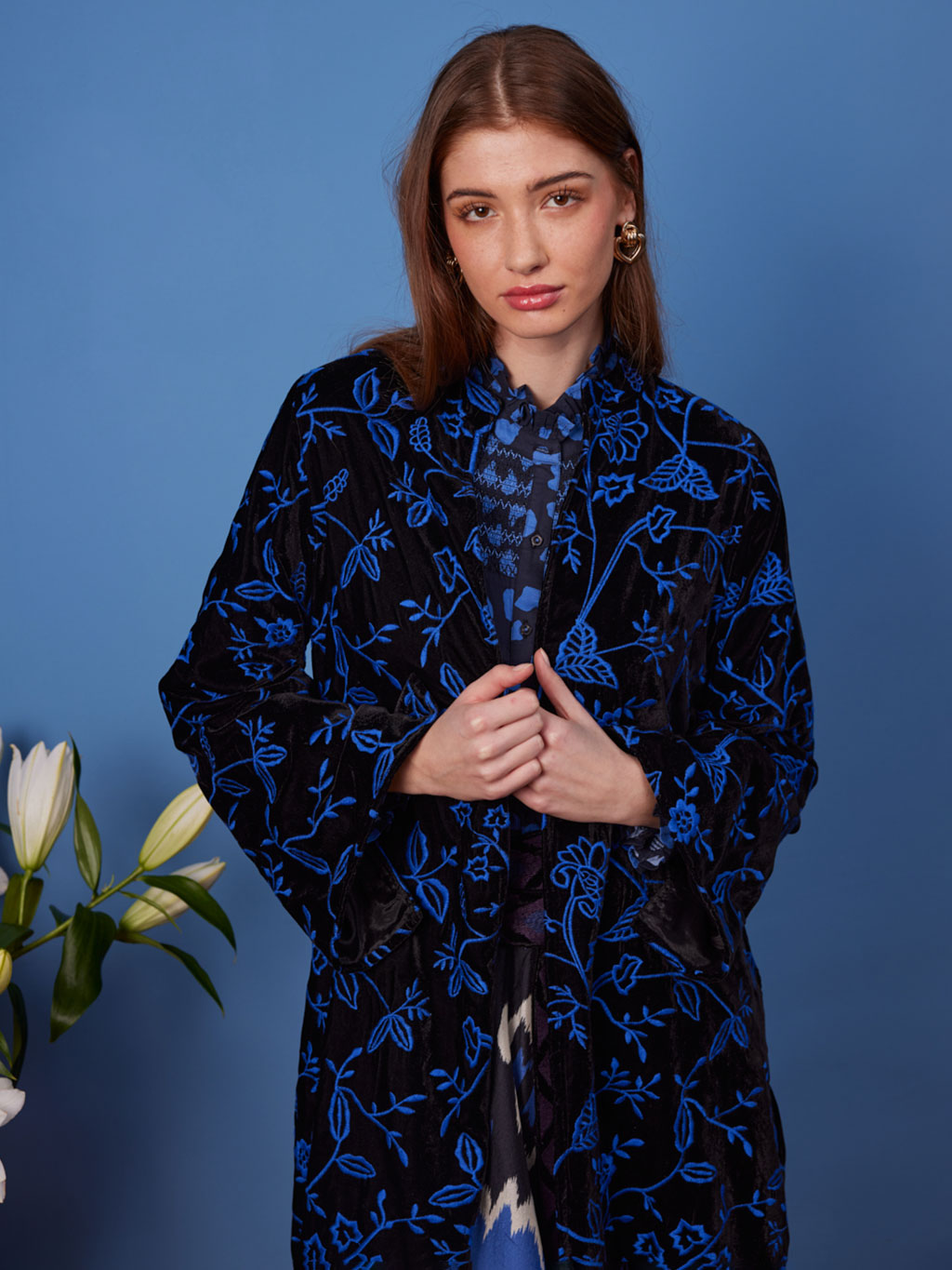 Chili Pepper Coat Black Flower Embr. Royal Blue