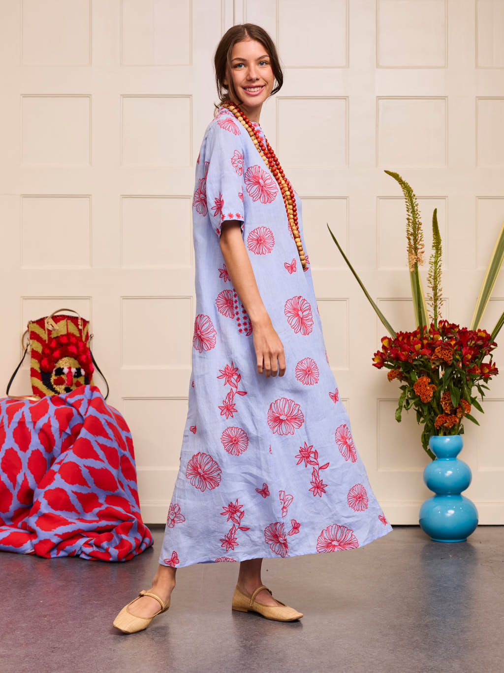 Cassia Dress Red Flowers on Pastel Blue