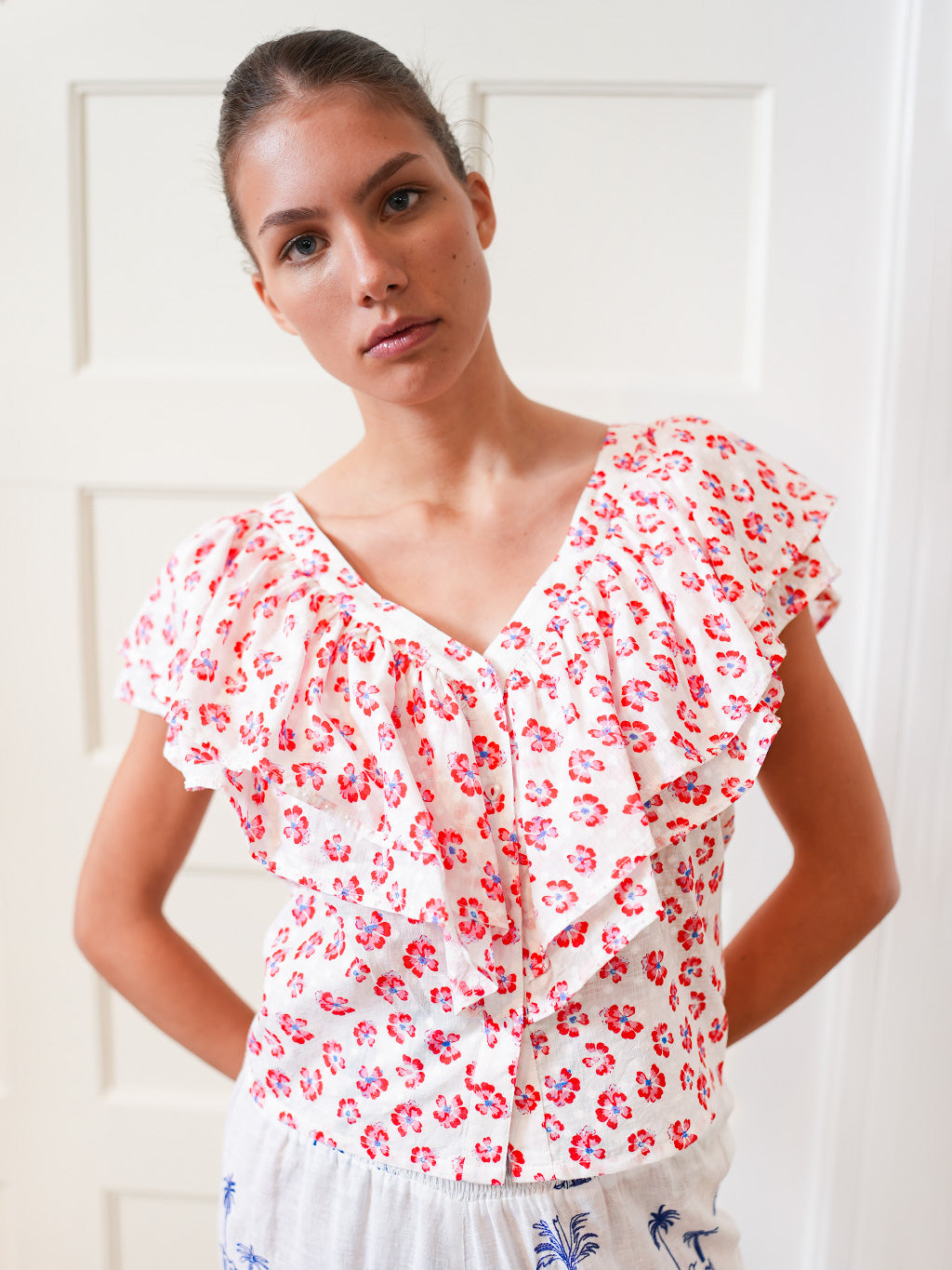 Sweet Pea Blouse Red Pansies on White