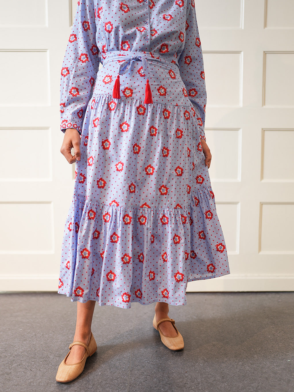 Tonka Skirt Red Dots Flower embroidery on Blue