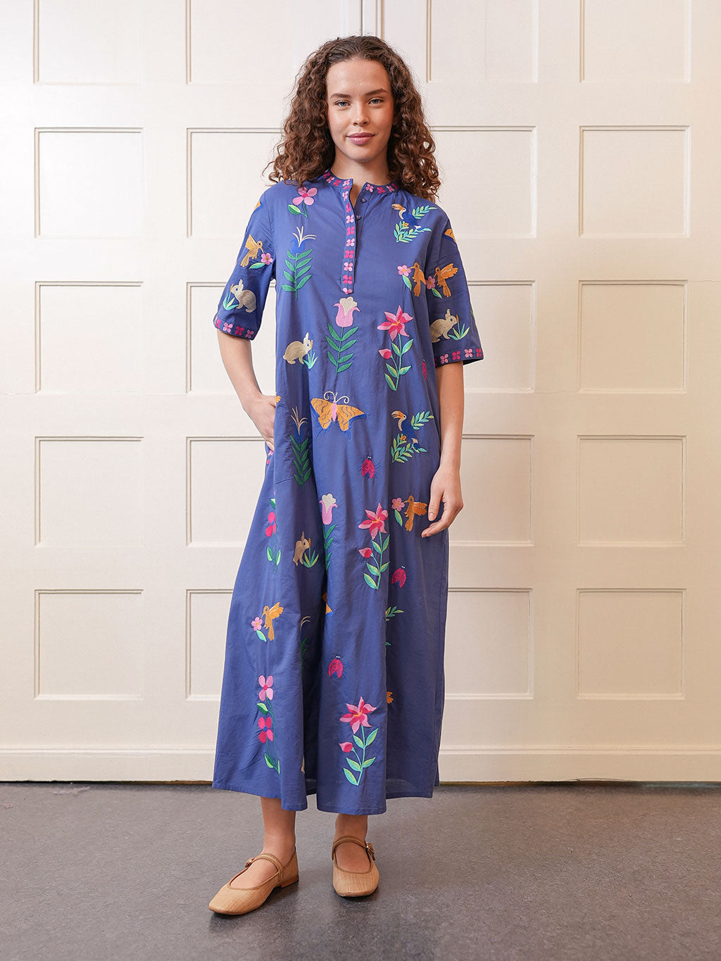 Cassia Dress Mexican Embroidery on Blue