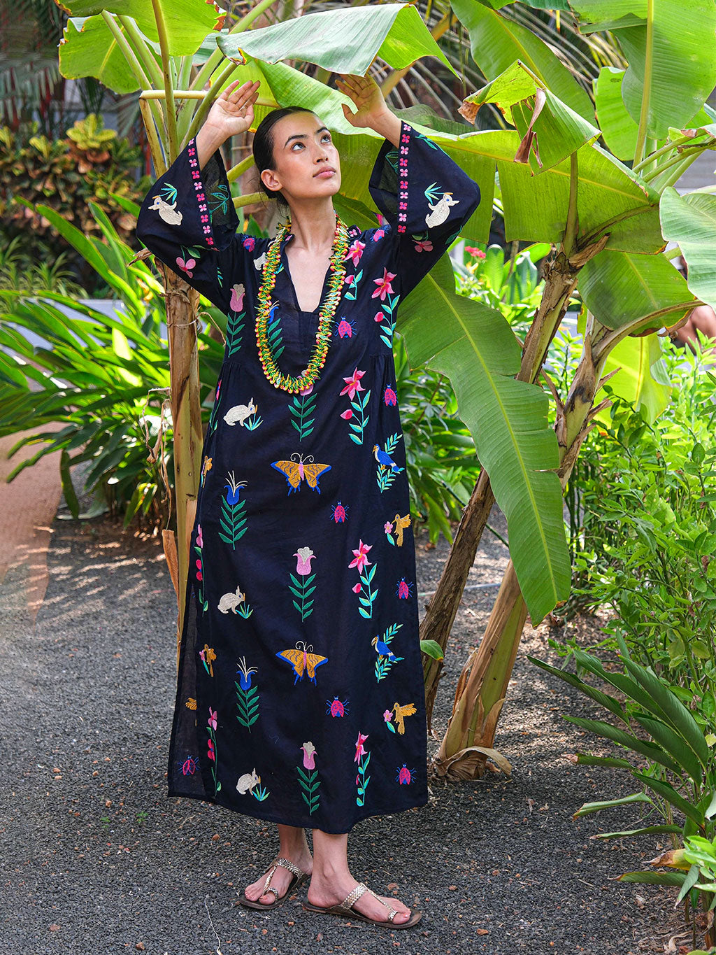 Blue Opal Kaftan Mexican Embroidery on Navy