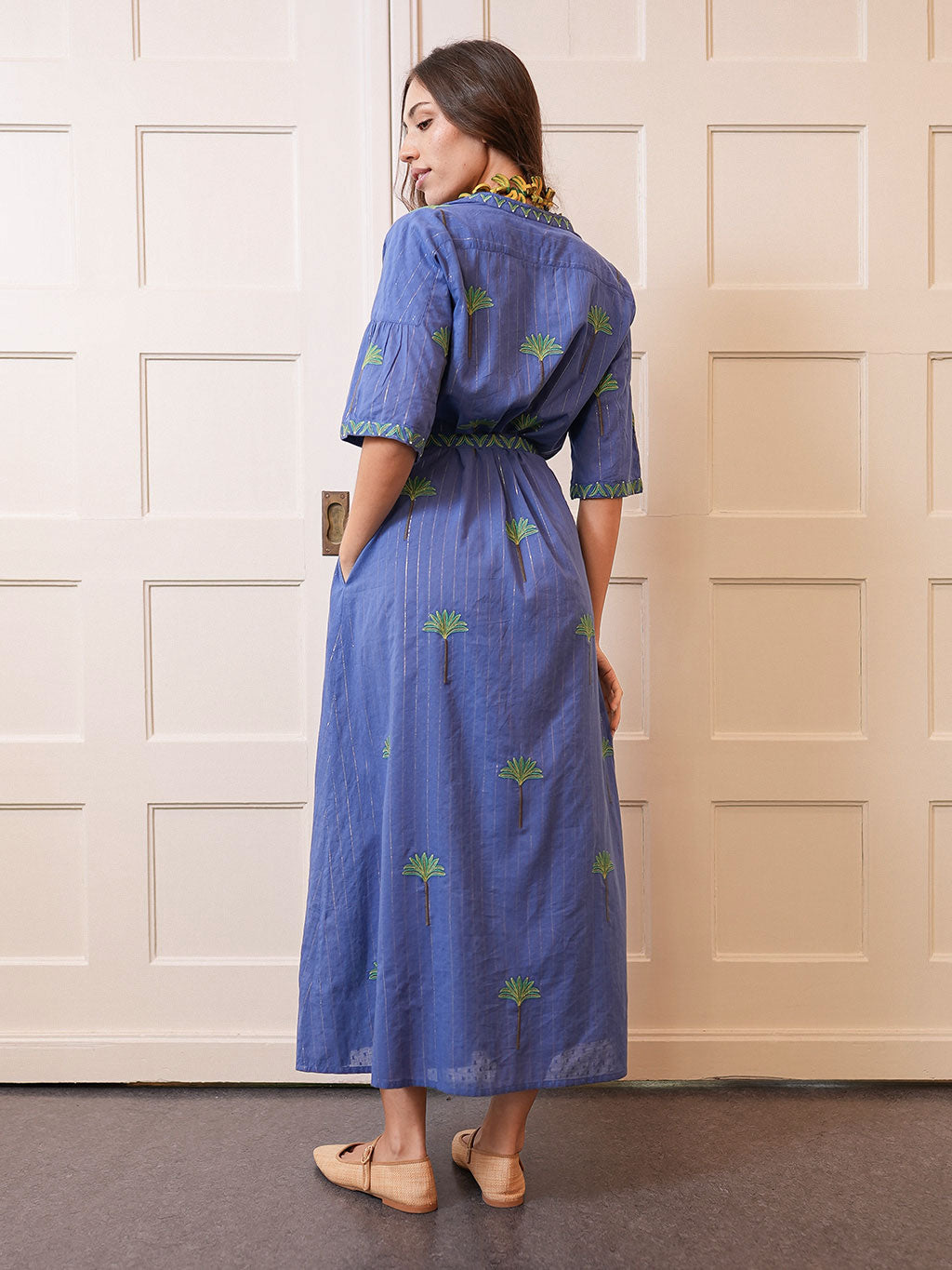 Oleander Dress Long Palm on Blue Lurex Stripe