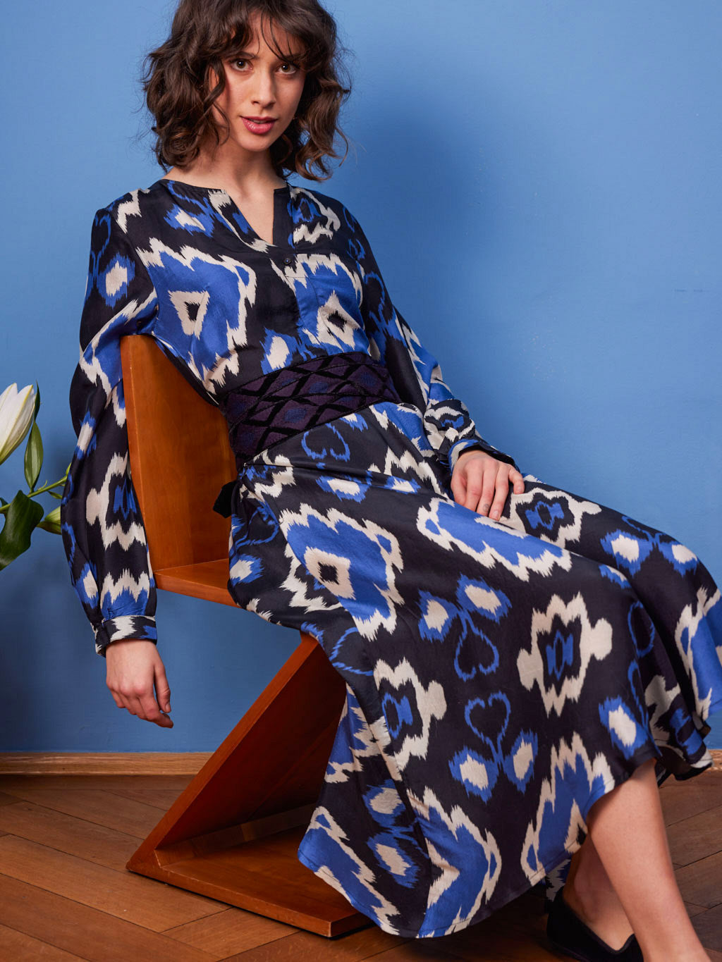 Azurite Dress Ikat Black Royal Blue