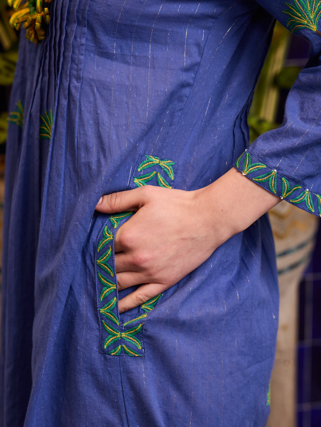 Woodruff Dress Palm on Blue Lurex Stripe