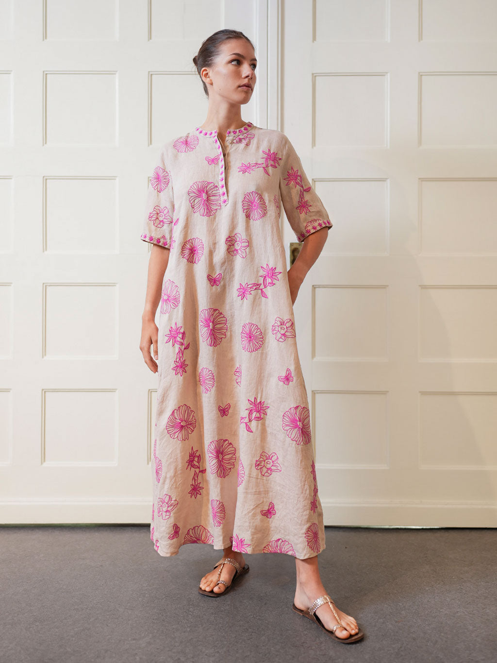 Cassia Dress Pink Flowers on Beige