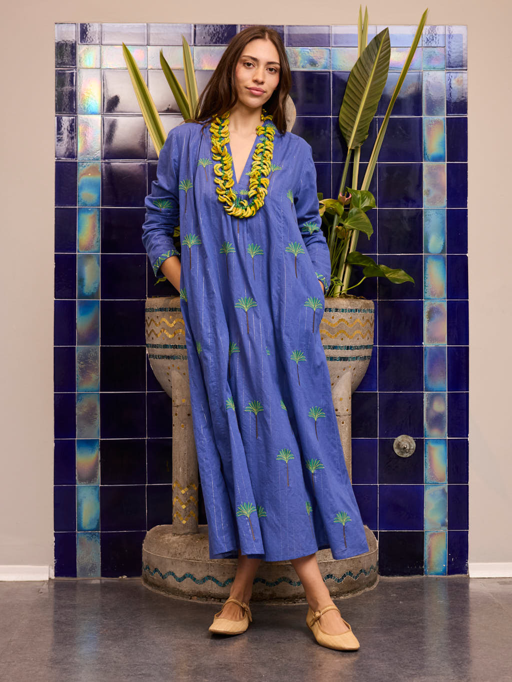 Sandalwood Dress Palm on Blue Lurex Stripe