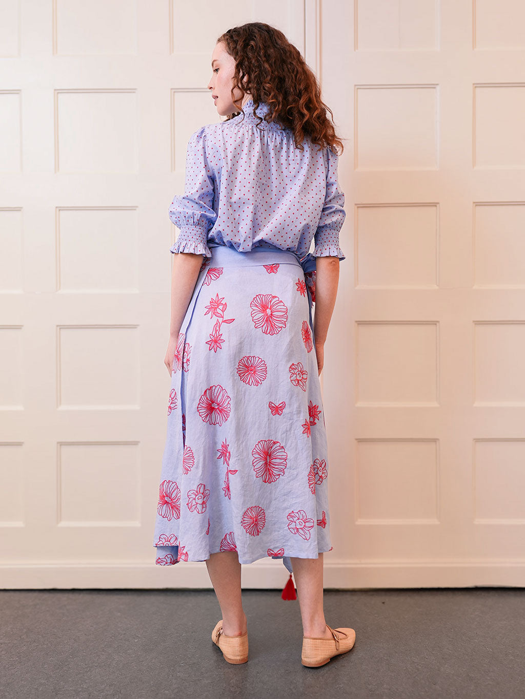 Chervil Skirt Red Flowers on Pastel Blue