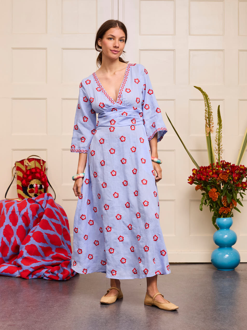 Sarsaparilla Dress Red Flowers on Pastel Blue