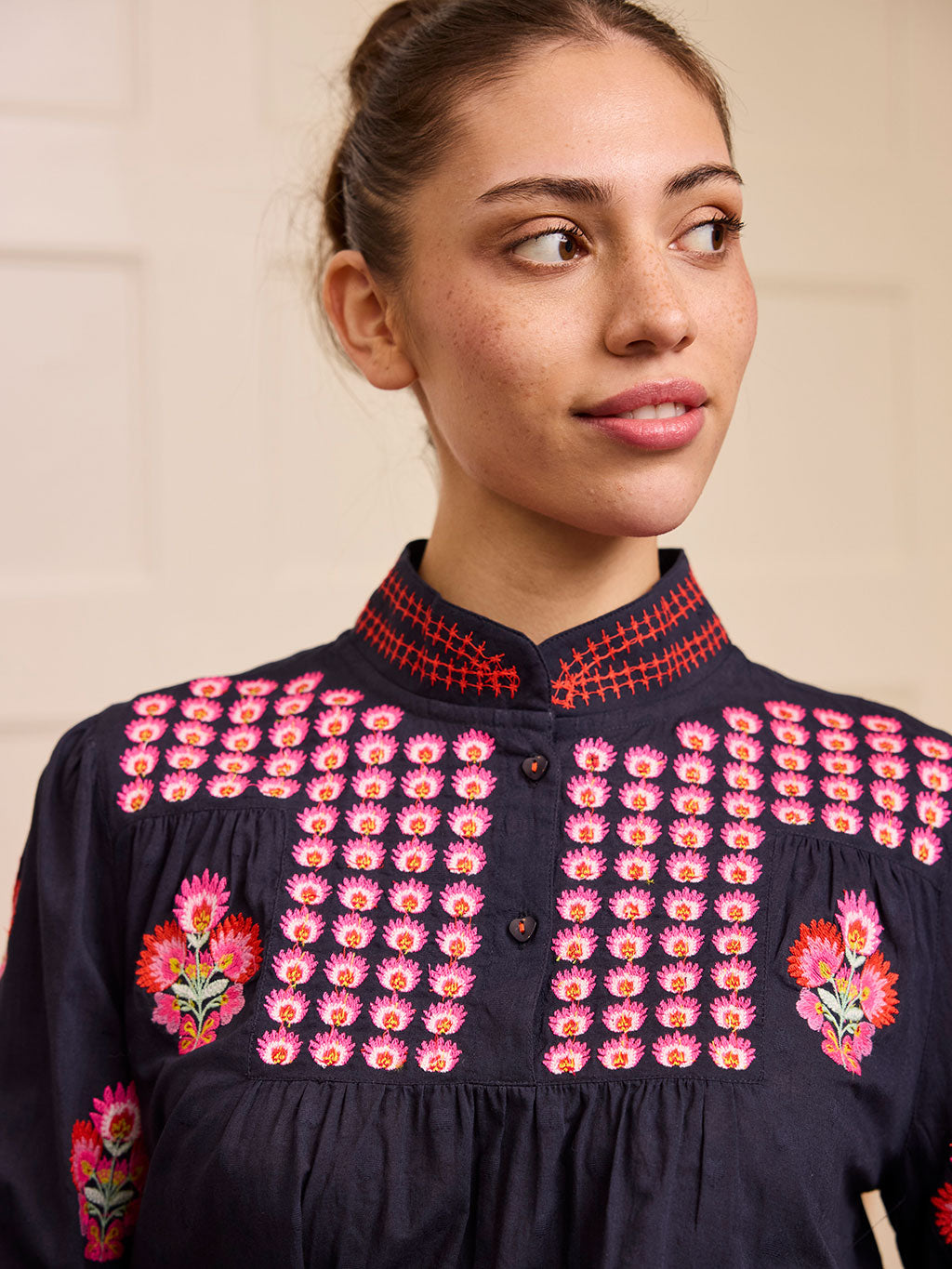 Juniper Berry Blouse Flower Bunch on Navy Jacquard