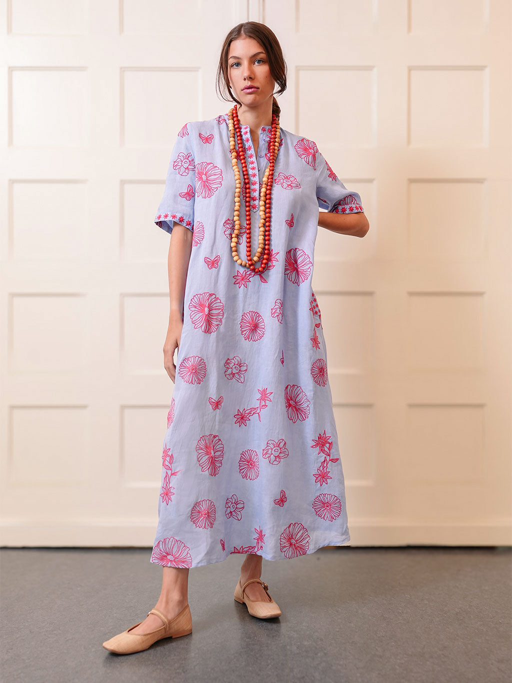 Cassia Dress Red Flowers on Pastel Blue