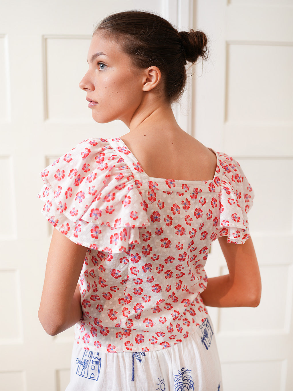 Sweet Pea Blouse Red Pansies on White