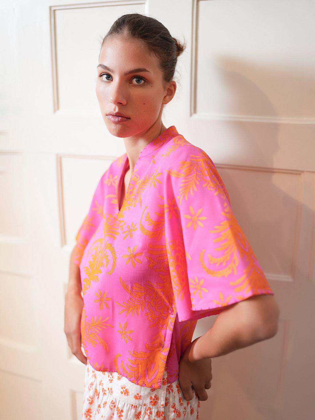Orris Blouse Pink Palm Print