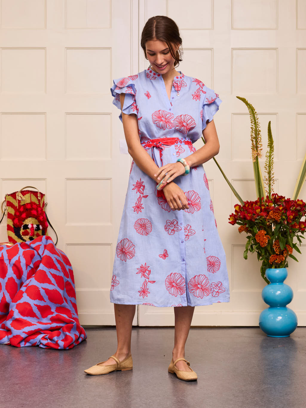 Cypress Dress Red Flowers on Pastel Blue