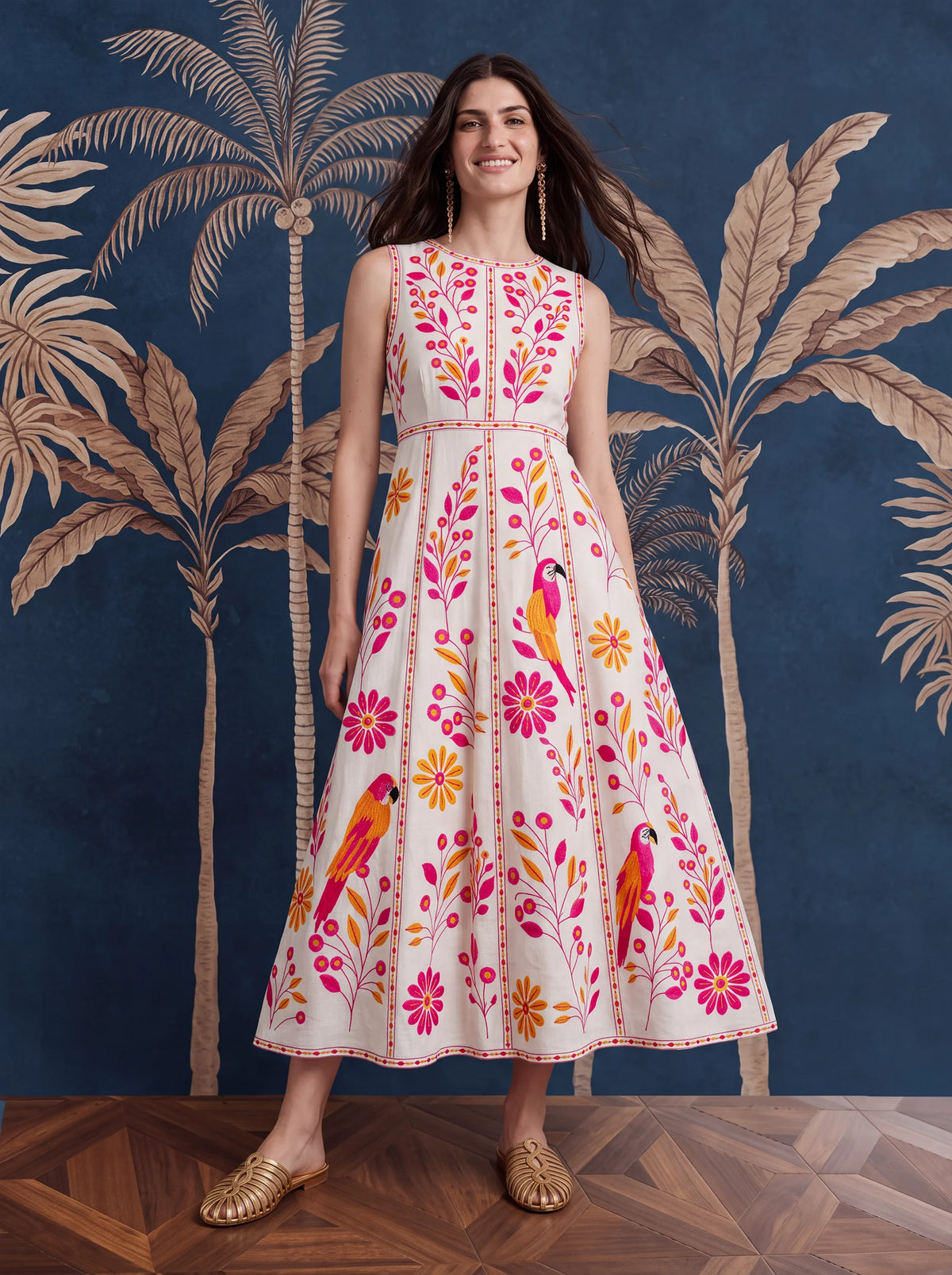 Carambula Dress Pink Parrot Embroidery