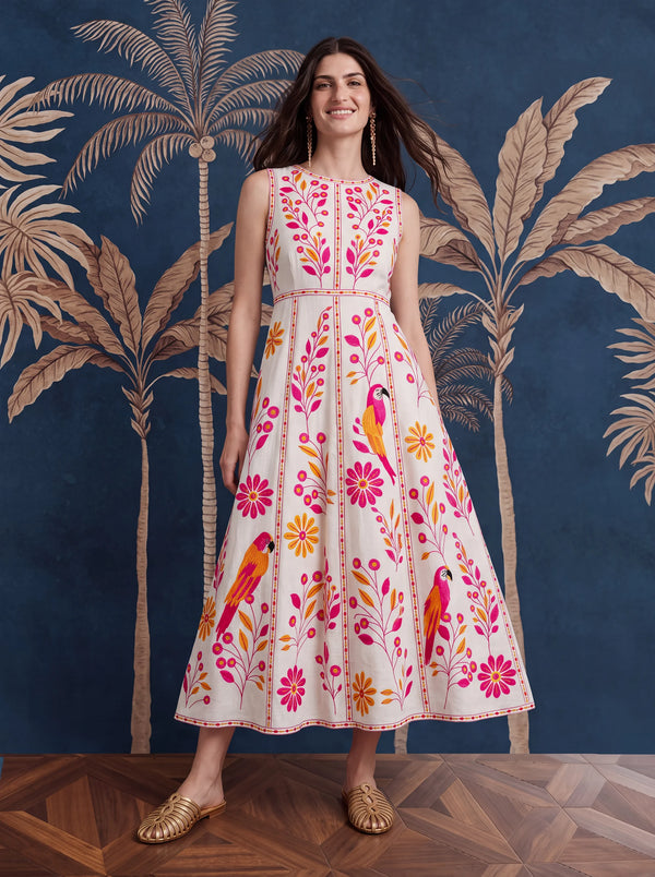 Carambula Dress Pink Parrot Embroidery