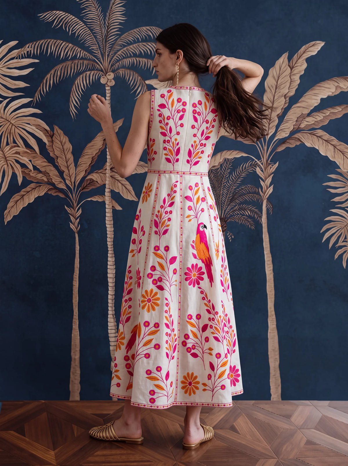 Carambula Dress Pink Parrot Embroidery