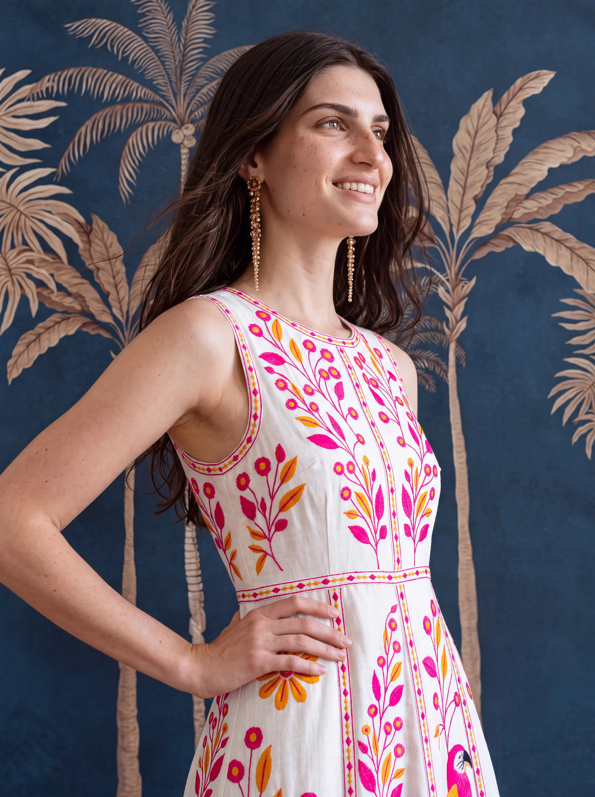 Carambula Dress Pink Parrot Embroidery