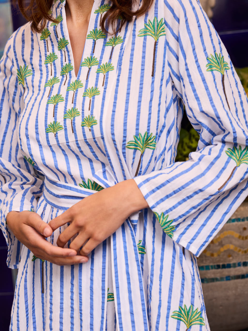 Lemon Dress Palm on Blue Stripes