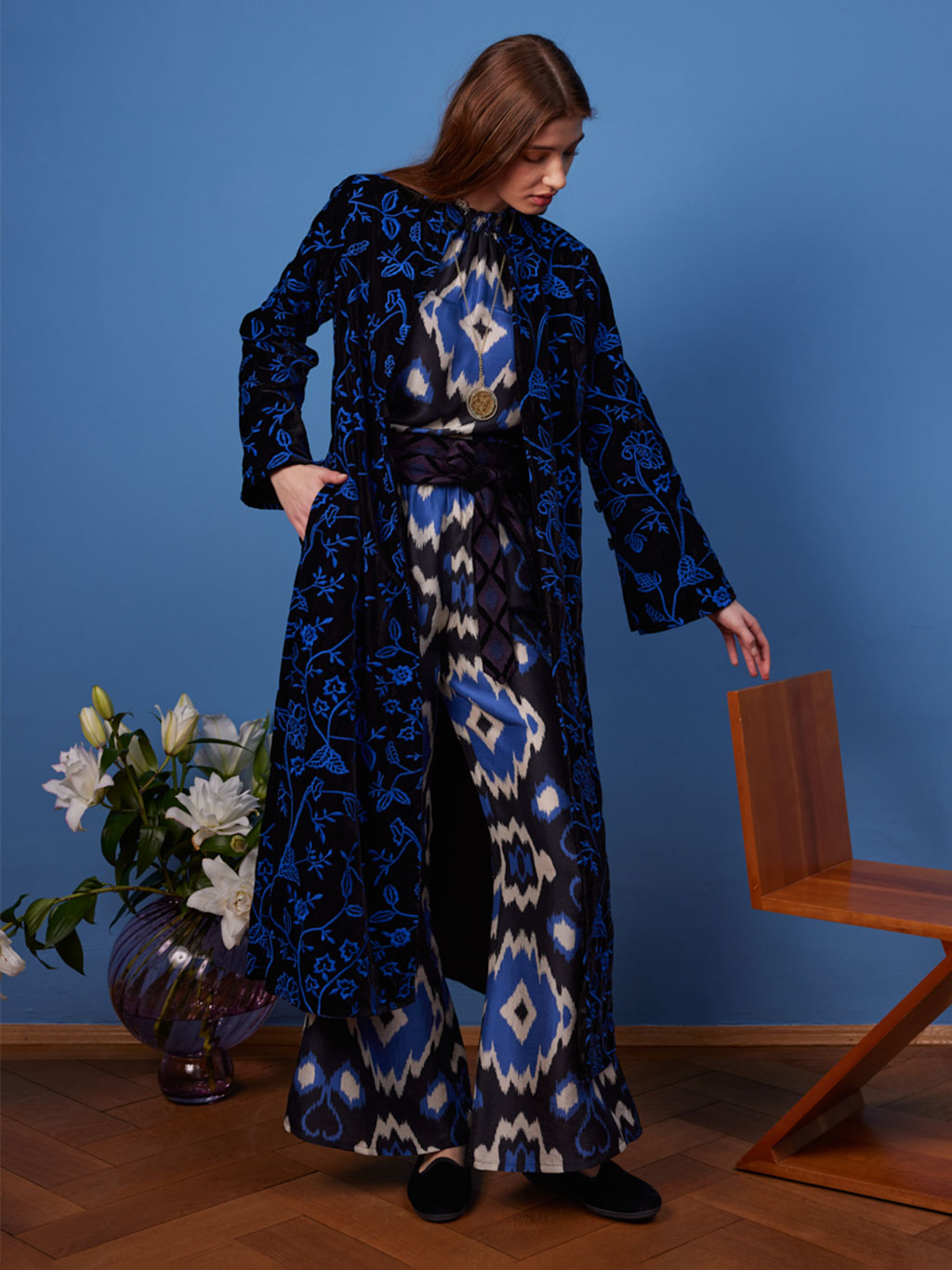 Chili Pepper Coat Black Flower Embr. Royal Blue