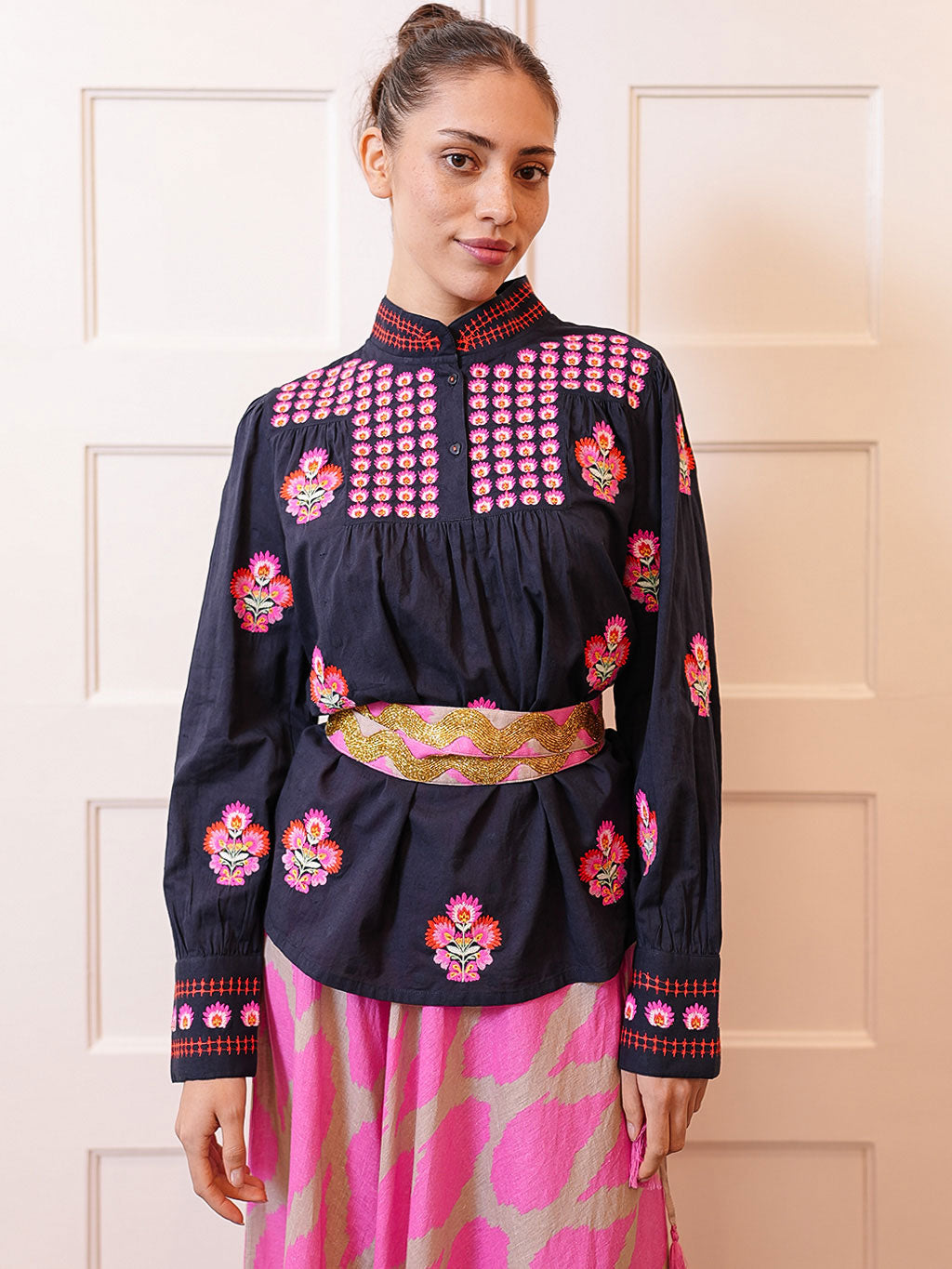 Juniper Berry Blouse Flower Bunch on Navy Jacquard