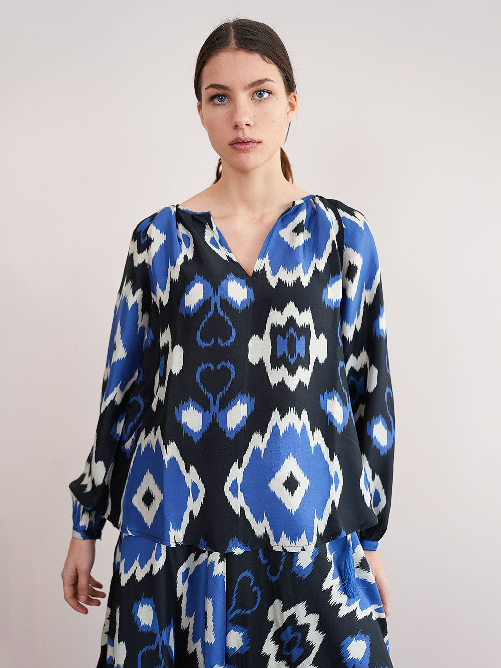 Glory of the Snow Blouse Ikat Black Royal Blue