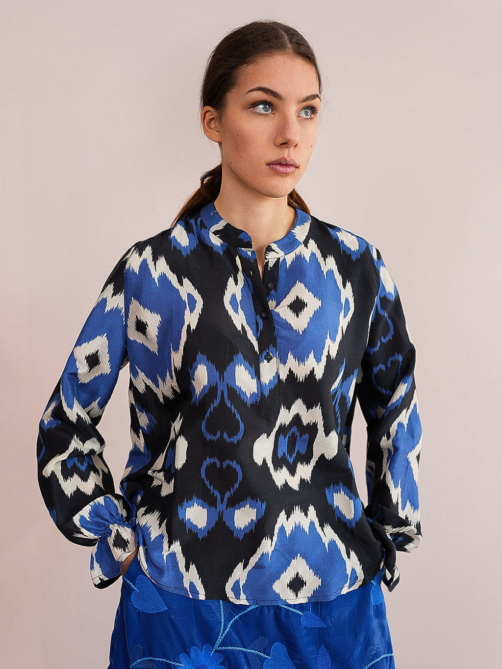 Broom Blouse Ikat Black Royal Blue