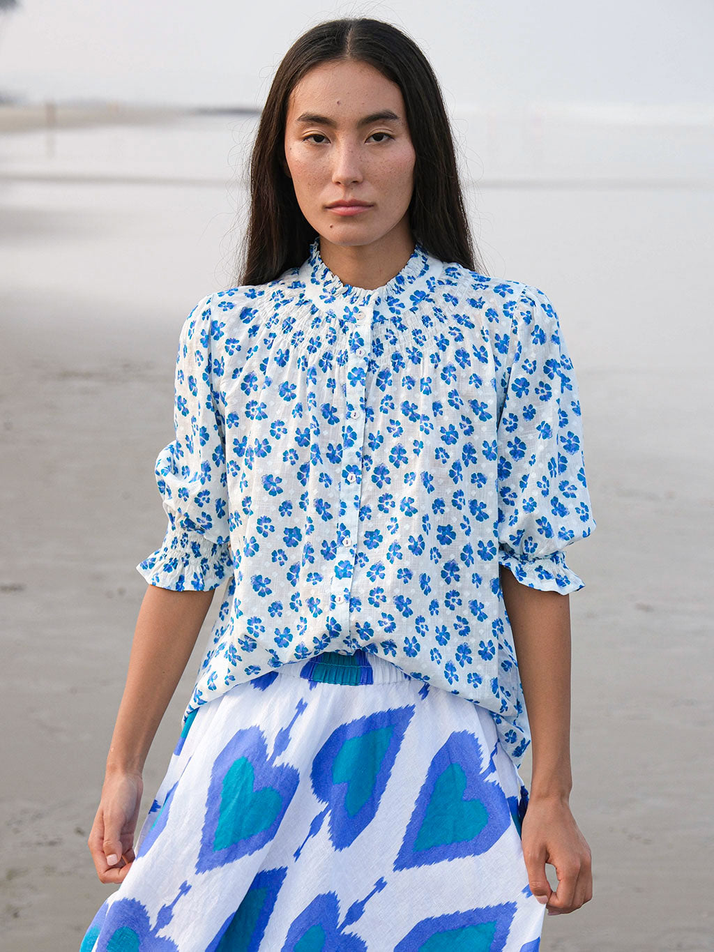 Bergamot Blouse Blue Pansies on White