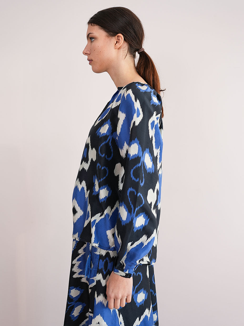 Glory of the Snow Blouse Ikat Black Royal Blue