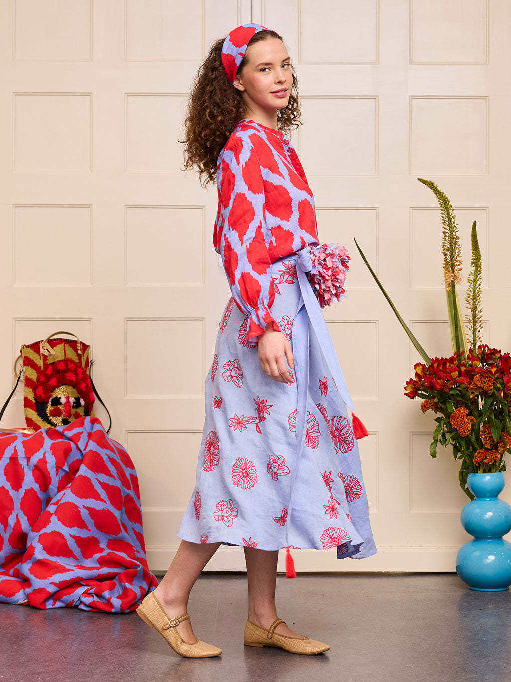 Chervil Skirt Red Flowers on Pastel Blue