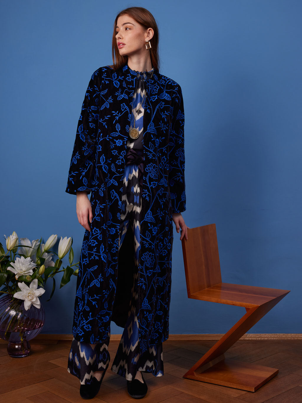 Chili Pepper Coat Black Flower Embr. Royal Blue