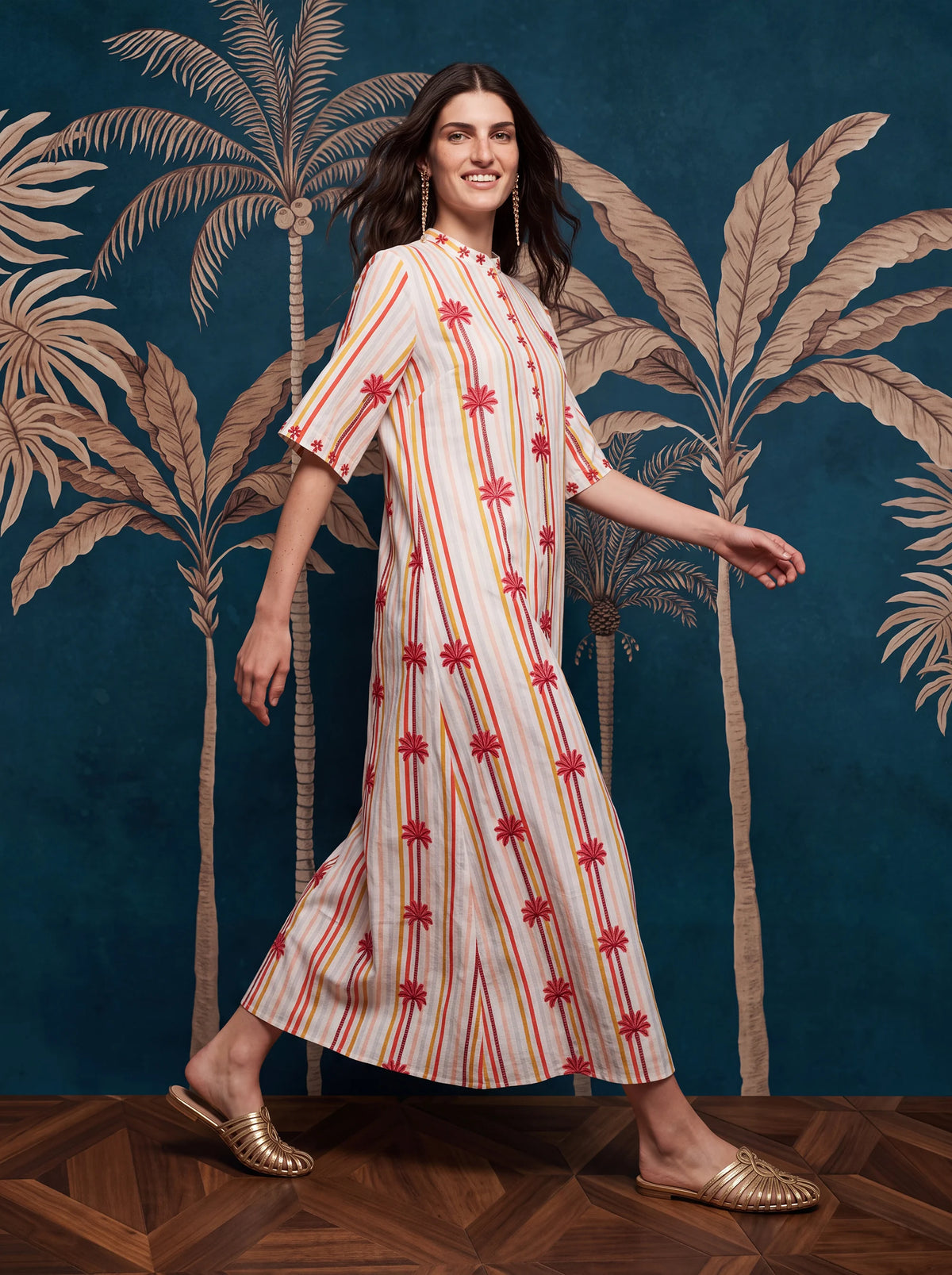 Cassia Dress Stripes Brazil Palm Embroidery