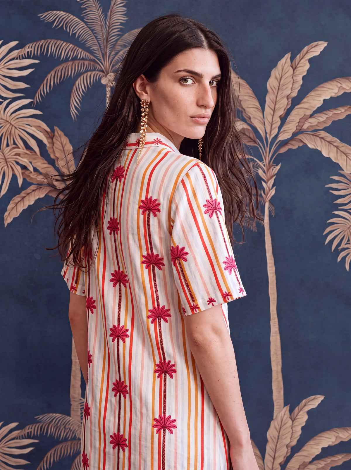 Cassia Dress Stripes Brazil Palm Embroidery
