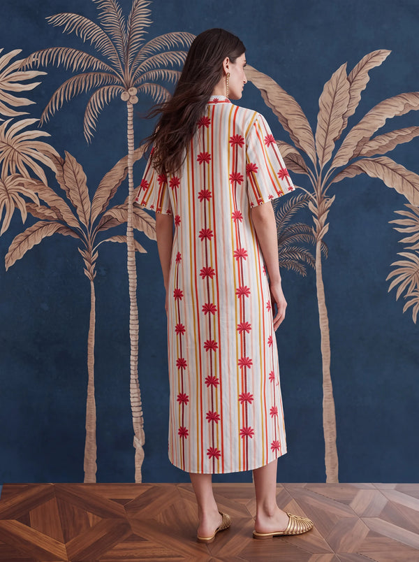 Cassia Dress Stripes Brazil Palm Embroidery