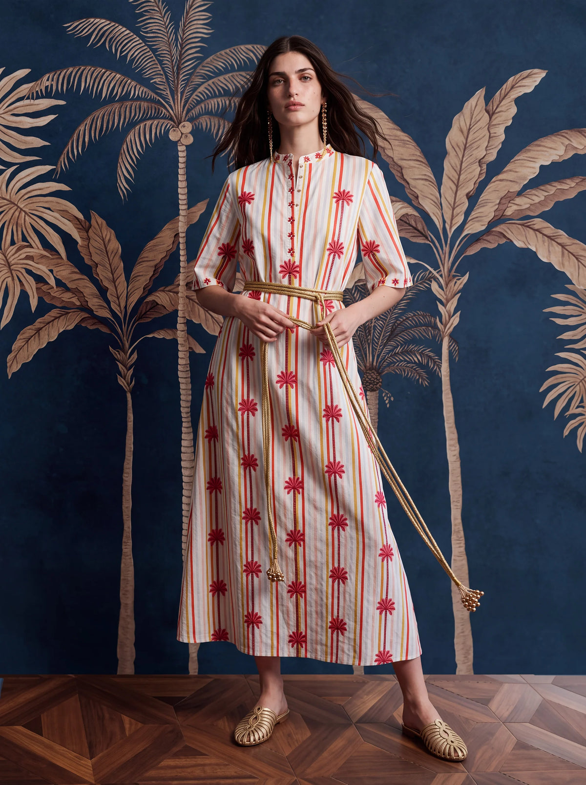 Cassia Dress Stripes Brazil Palm Embroidery