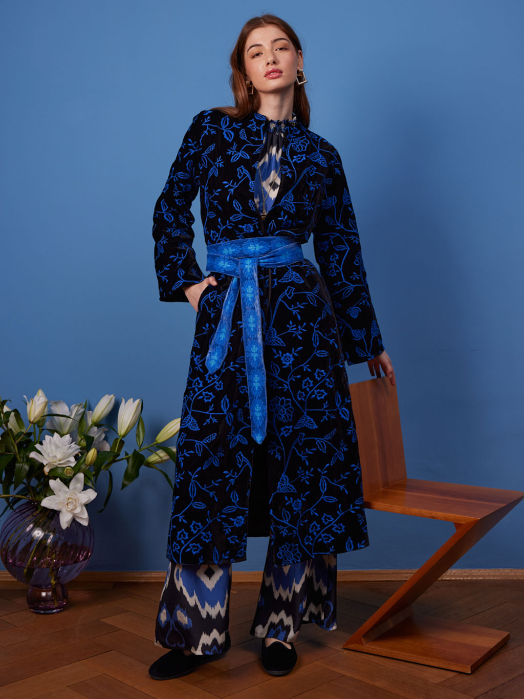 Chili Pepper Coat Black Flower Embr. Royal Blue