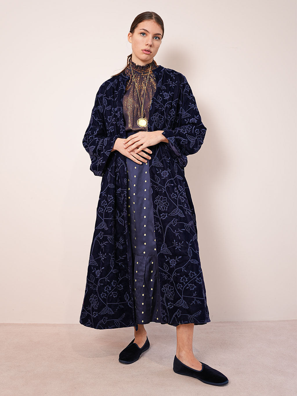 Chili Pepper Coat Navy Flower Embroidery