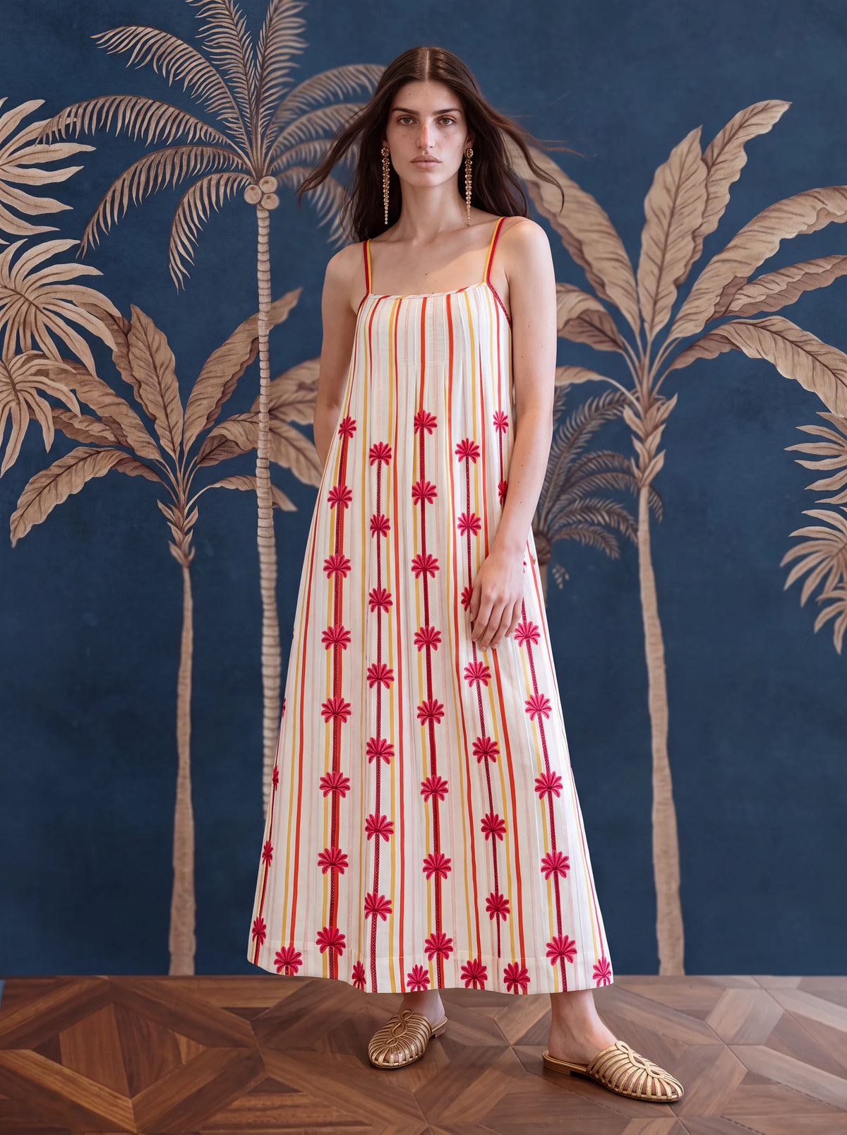Maca Dress Palm Embroidery on Stripes