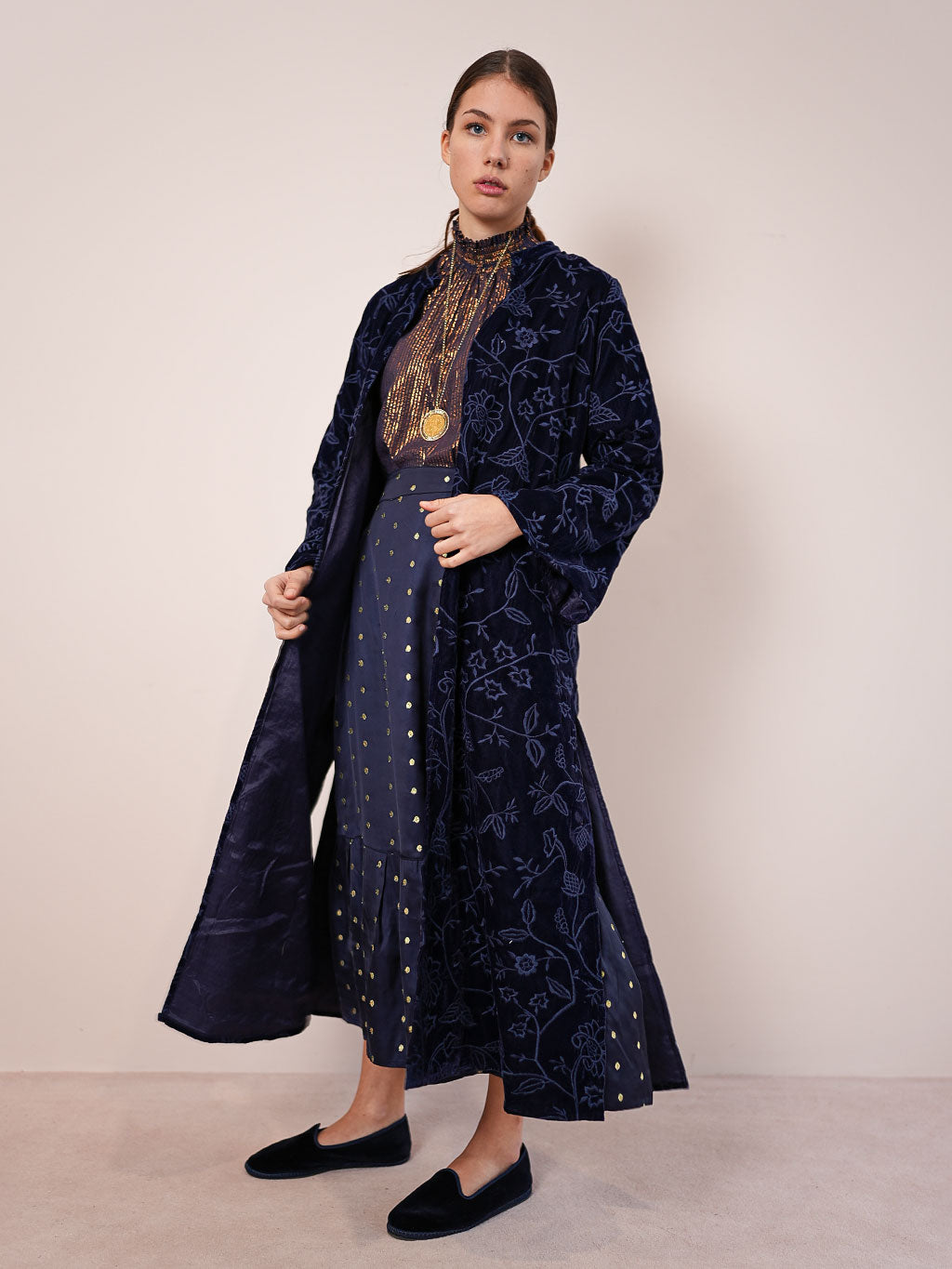 Chili Pepper Coat Navy Flower Embroidery