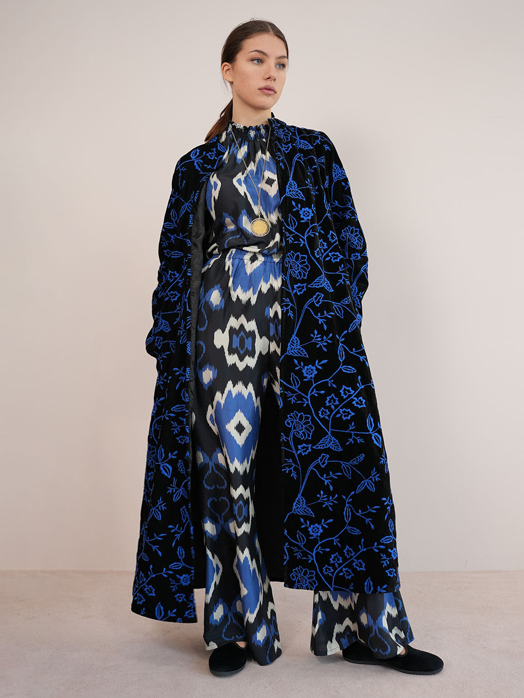 Chili Pepper Coat Black Flower Embr. Royal Blue