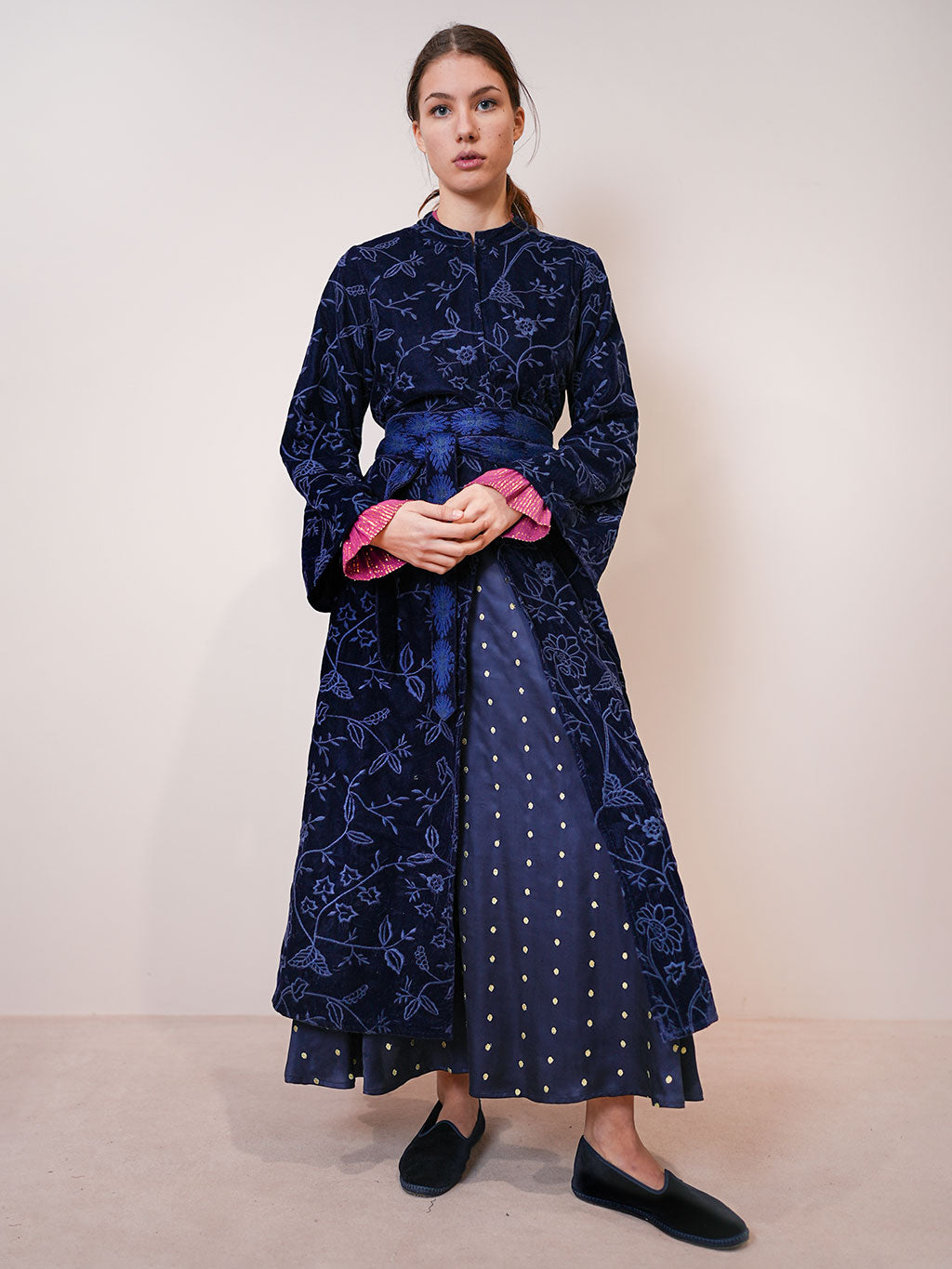 Chili Pepper Coat Navy Flower Embroidery