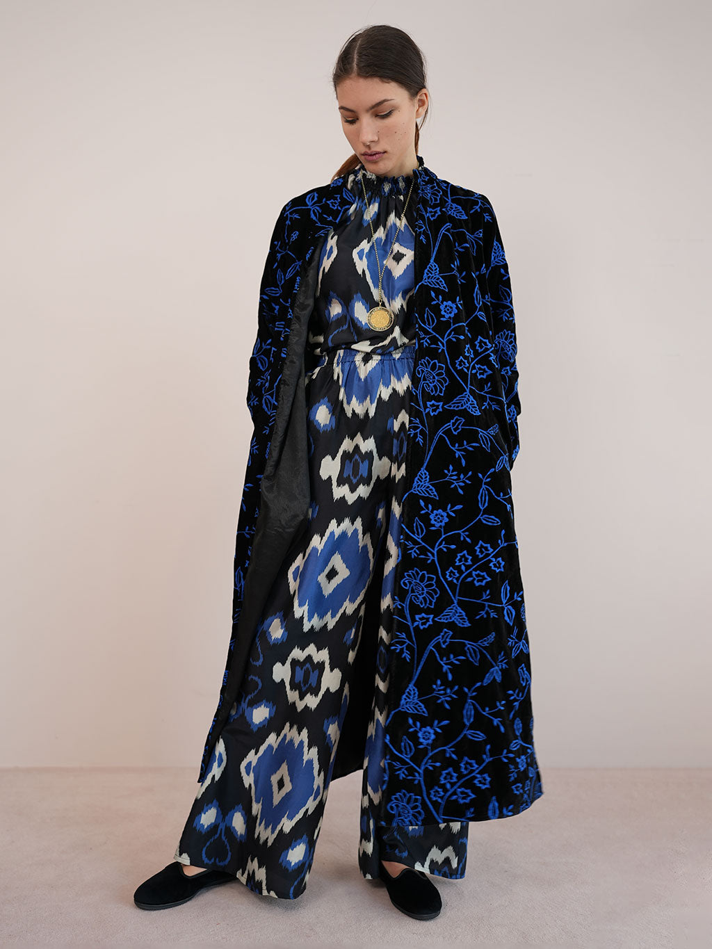 Chili Pepper Coat Black Flower Embr. Royal Blue