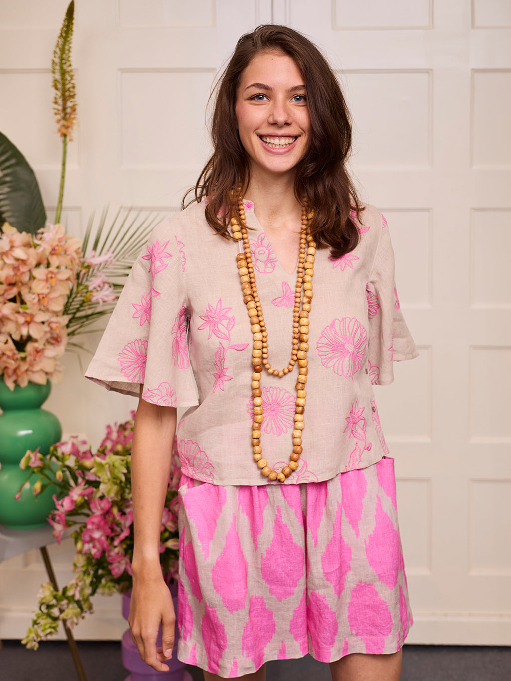 Orris Blouse Pink Flower on Beige