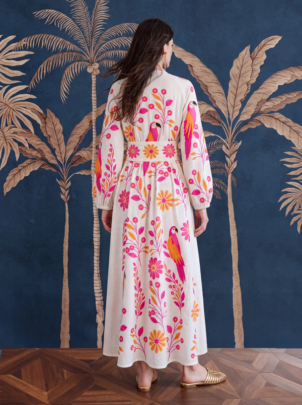Caju Dress Pink Parrot Embroidery