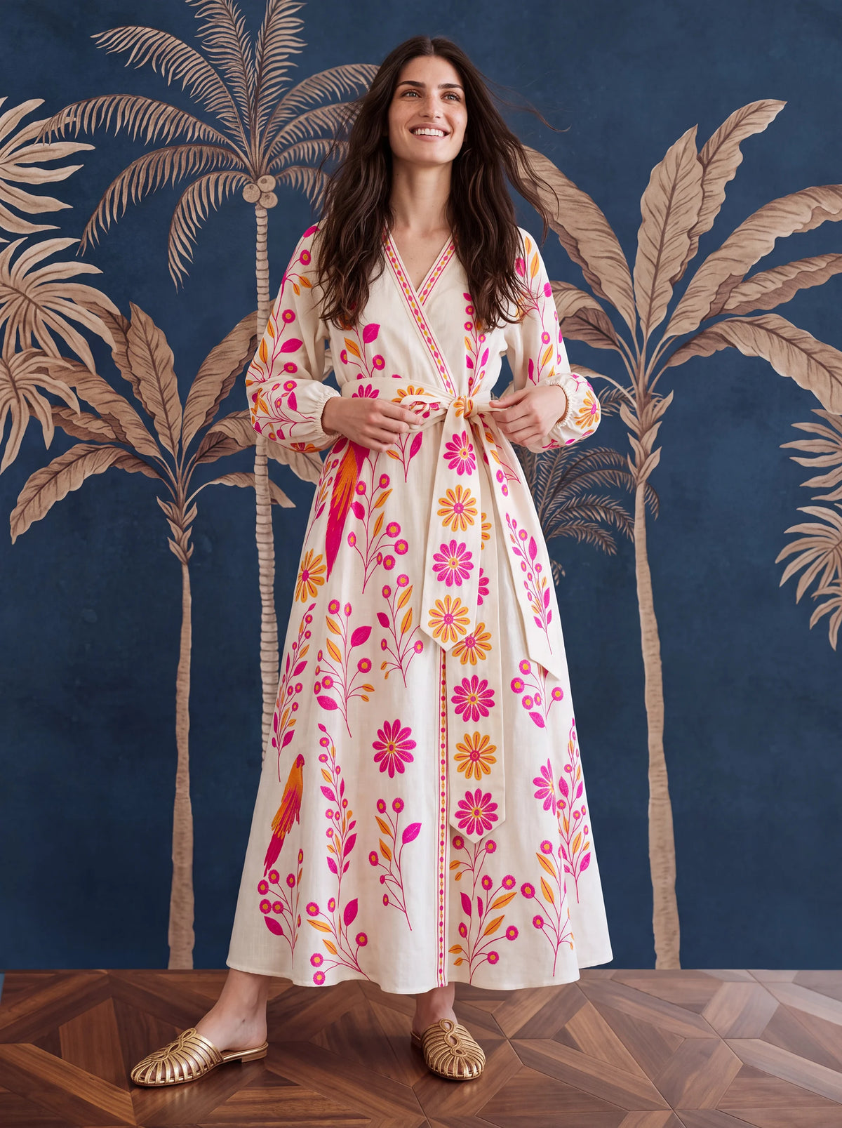 Caju Dress Pink Parrot Embroidery