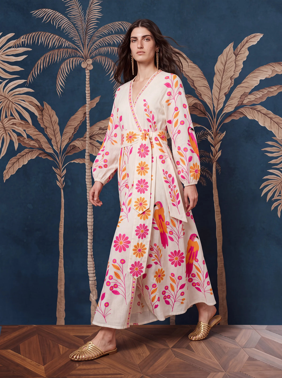 Caju Dress Pink Parrot Embroidery