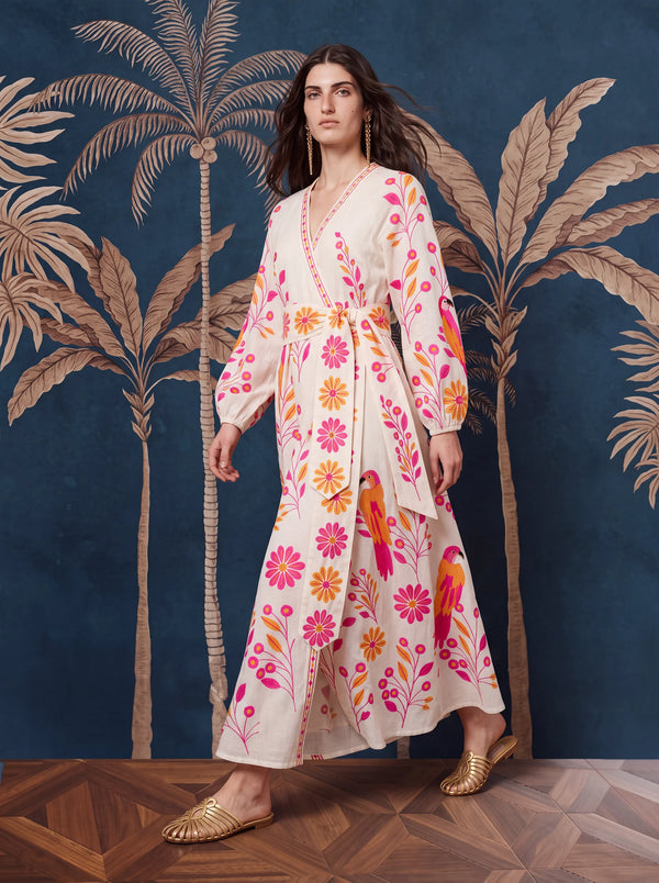 Caju Dress Pink Parrot Embroidery