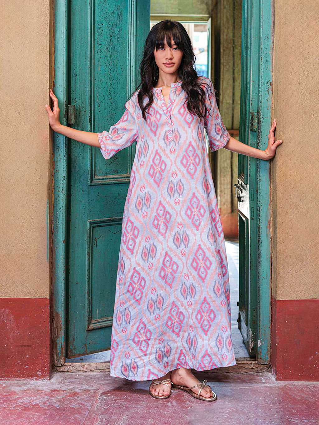 Ankle-length Cassia maxi dress by Nimo With Love in ikat linen featuring a relaxed silhouette and tunic neckline.