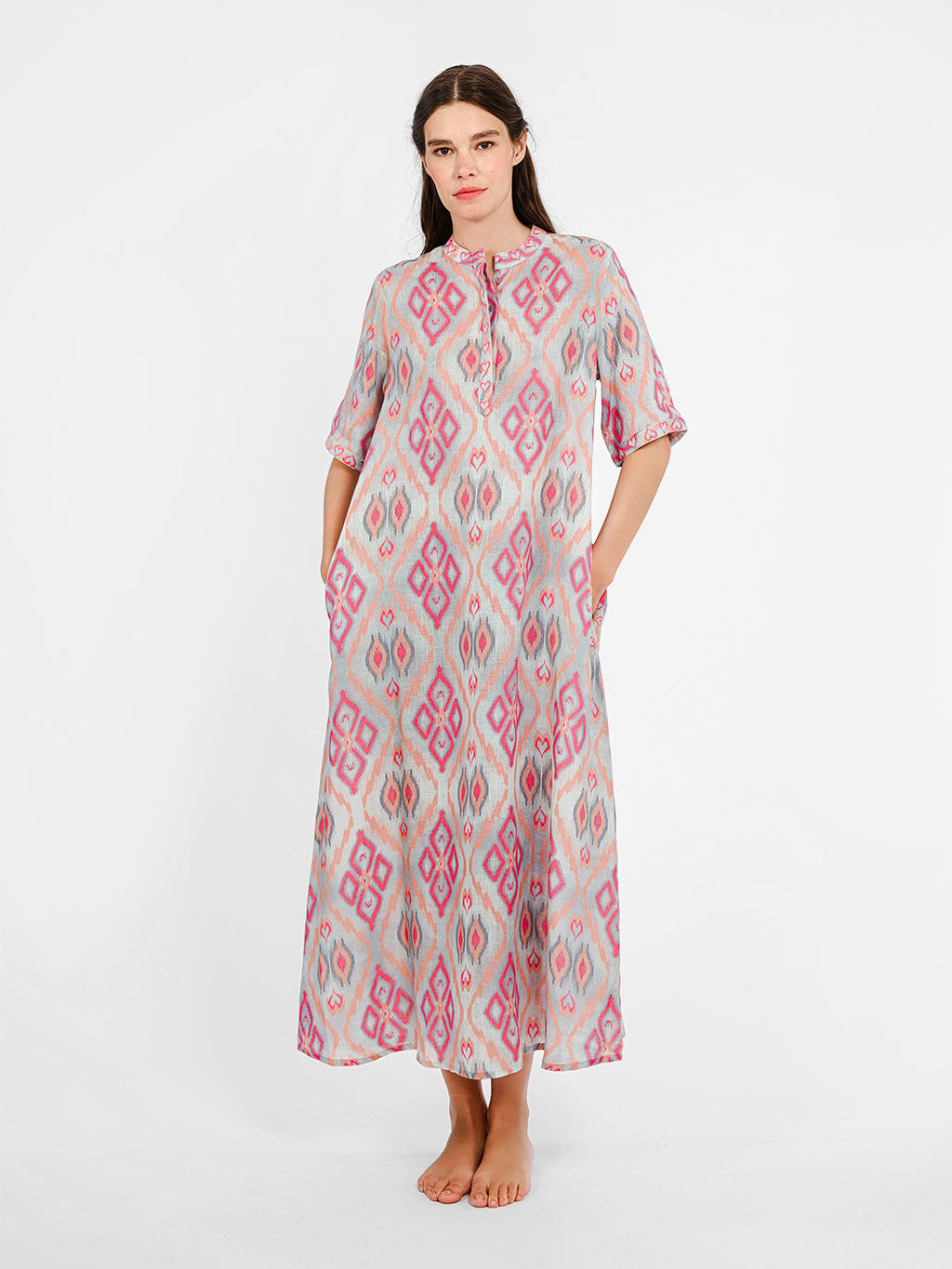 Ankle-length Cassia maxi dress by Nimo With Love in ikat linen featuring a relaxed silhouette with hidden side pockets