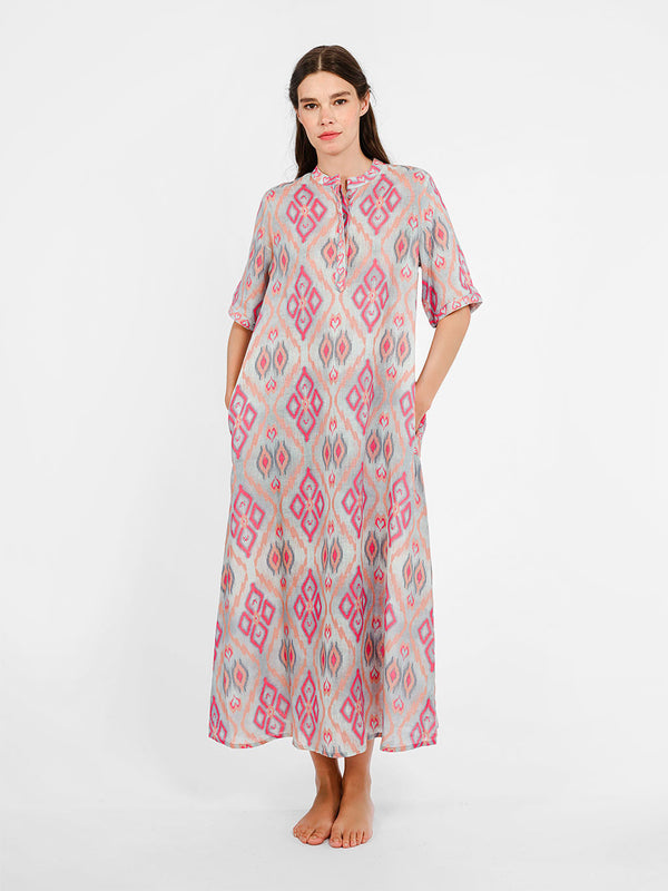 Ankle-length Cassia maxi dress by Nimo With Love in ikat linen featuring a relaxed silhouette with hidden side pockets